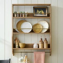 Wood Wall-Mounted Kitchen Shelf with Hooks