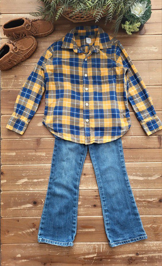 SIZE 6-7 GIRLS 2-PIECE OUTFIT BLUE & YELLOW PLAID BUTTON FRONT SHIRT W/SLIM FIT BLUE JEANS