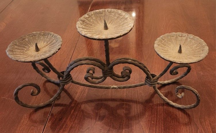 Vintage Wrought Iron Metal 3 Pillar Candle Stand