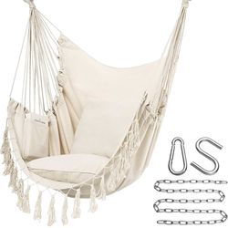 Y- STOP Hammock Chair Hanging Rope Swing, Max 500 Lbs, 2 Cushions Included, Large Macrame Hanging Chair with Pocket for Superior Comfort, with Hardwar