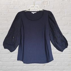 'Chico's' dark navy blue shirt with balloon sleeves, intricate embroidery, Sz. L (2)
