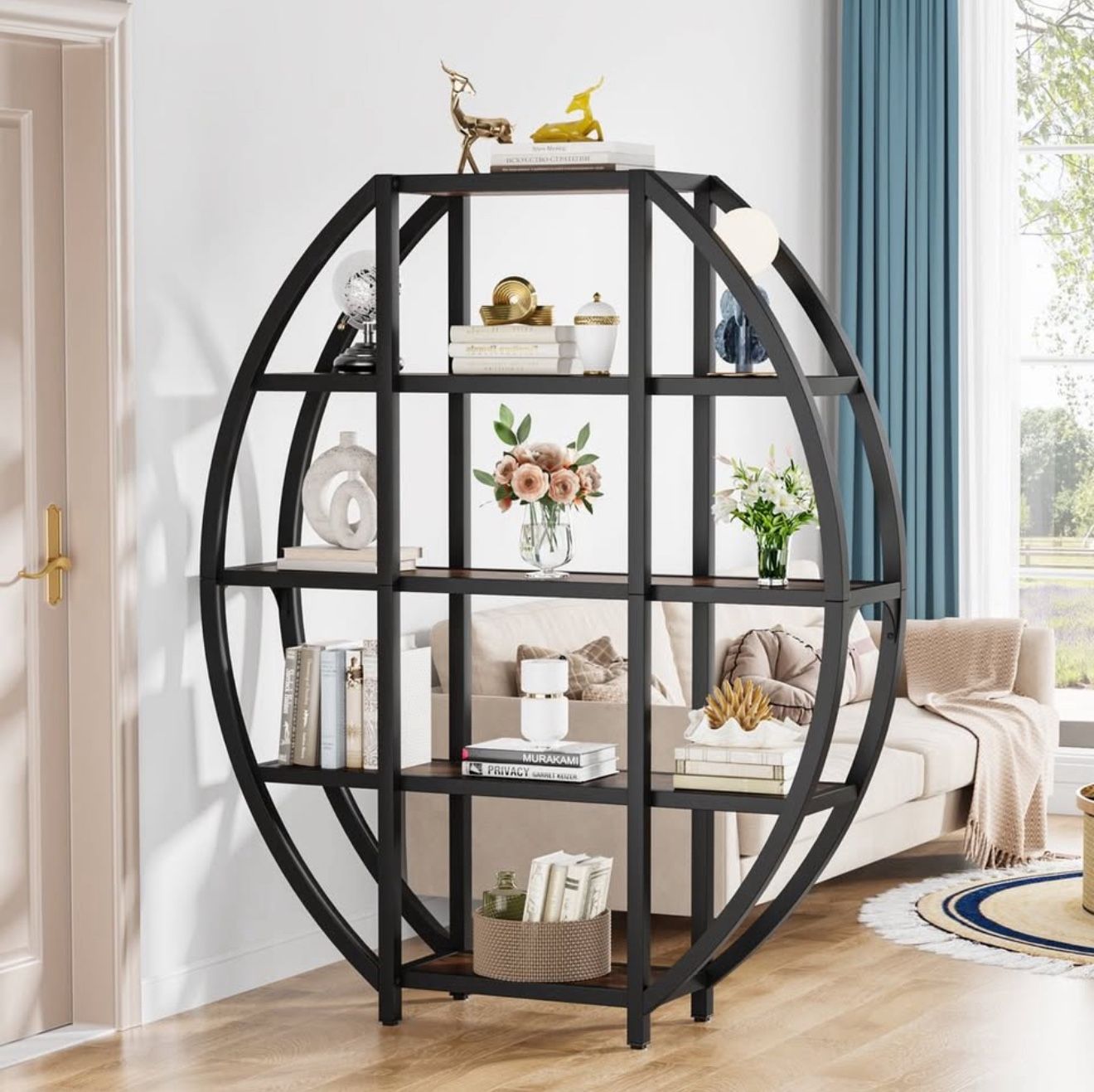 5-Tier Crescent Bookshelf – 55"W x 69"H, Black/Brown