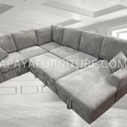 New! 120”L Grey Sectional Sofa Bed,Sectionals, Sofa, Couch, Corduroy Sectional Sofa With Storage, Sleeper Sofa. Sofabed, Sofa Bed,U Shaped Sectionals