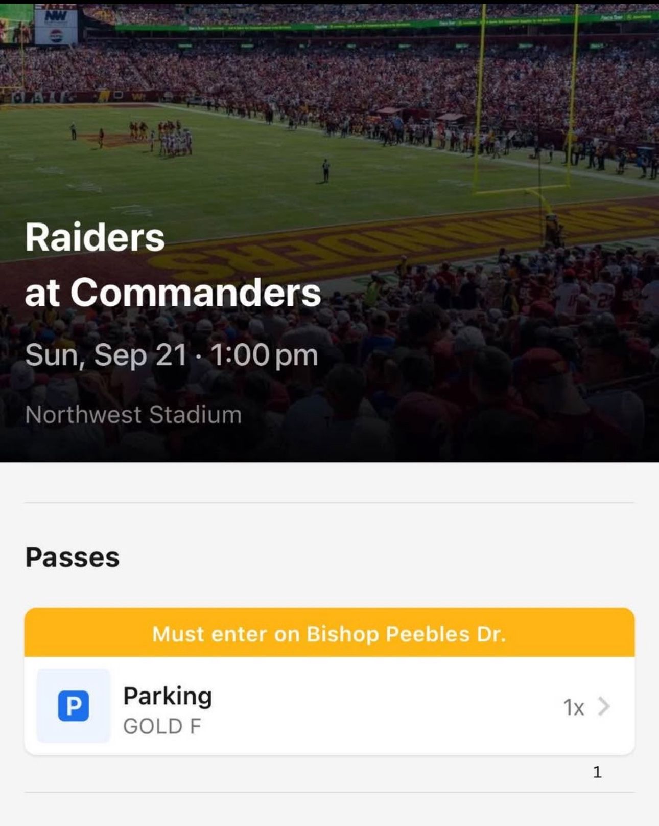 2 PARKING PASSES (GOLD F): Raiders vs Commanders,  Sept 21, 2025 at 1:00PM