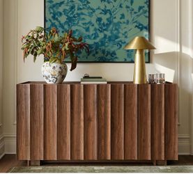 New-win2win 61.7" Buffet Cabinet with Storage, Mid Century Modern Sideboard with Wave Design, Wood Grain Finish, Credenza with Adjustable Shelves, Mod