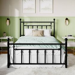 Full Size Metal Platform Bed Frame with Victorian Vintage Headboard, Black