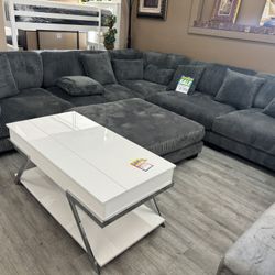 Grey Corduroy Sectional W Ottoman 