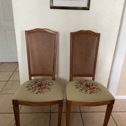 Set Of 2 Antique Vintage Embroidered High Back Cane Chairs 