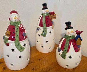 Vintage Set of 3 Christmas Ceramic Color Changing LED Lights Snowmen Figurines Holiday Decor