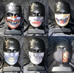 Minion. Skeleton. Flaming skull golden lips. Mime. Killer clown adult face mask