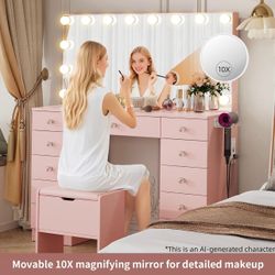 Vanity with Lighted Mirror - Makeup Desk with Lights and 11 Drawers, 3 Lighting Modes