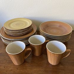 🍽️ 23-Piece Thomson Pottery Kenya Brown & Yellow Swirl Plates Bowls Mugs Dish Set