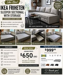 Like-New IKEA FRIHETEN Sleeper Sectional with Storage – $650 OBO