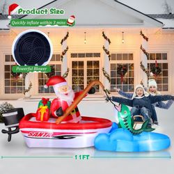11FT Christmas Inflatable Santa Claus Fishing Boat Blow up Outdoor Decorations Built-in Bright LED Lights Vibrant Xmas Festival Decor Lawn Yard Garden