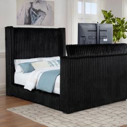 QUEEN BED FRAME BLACK VELVET WITH BUILT IN TV STAND LIFT / CONTROL REMOTE (CO315945) $799   