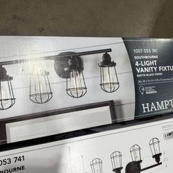 Hampton Bay Southbourne 28 in. 4-Light Matte Black Vanity Light with Open Steel Cage Frame