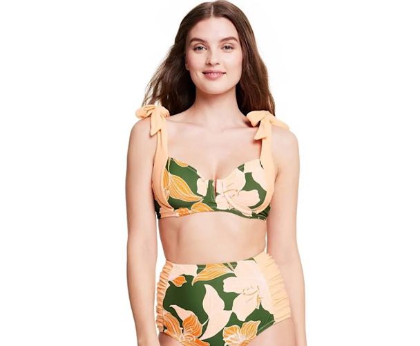 New- Fe Noel Swim Fe Noel X Target Lily Floral Print Underwire Bikini Top Peach/Dark Olive Women's
