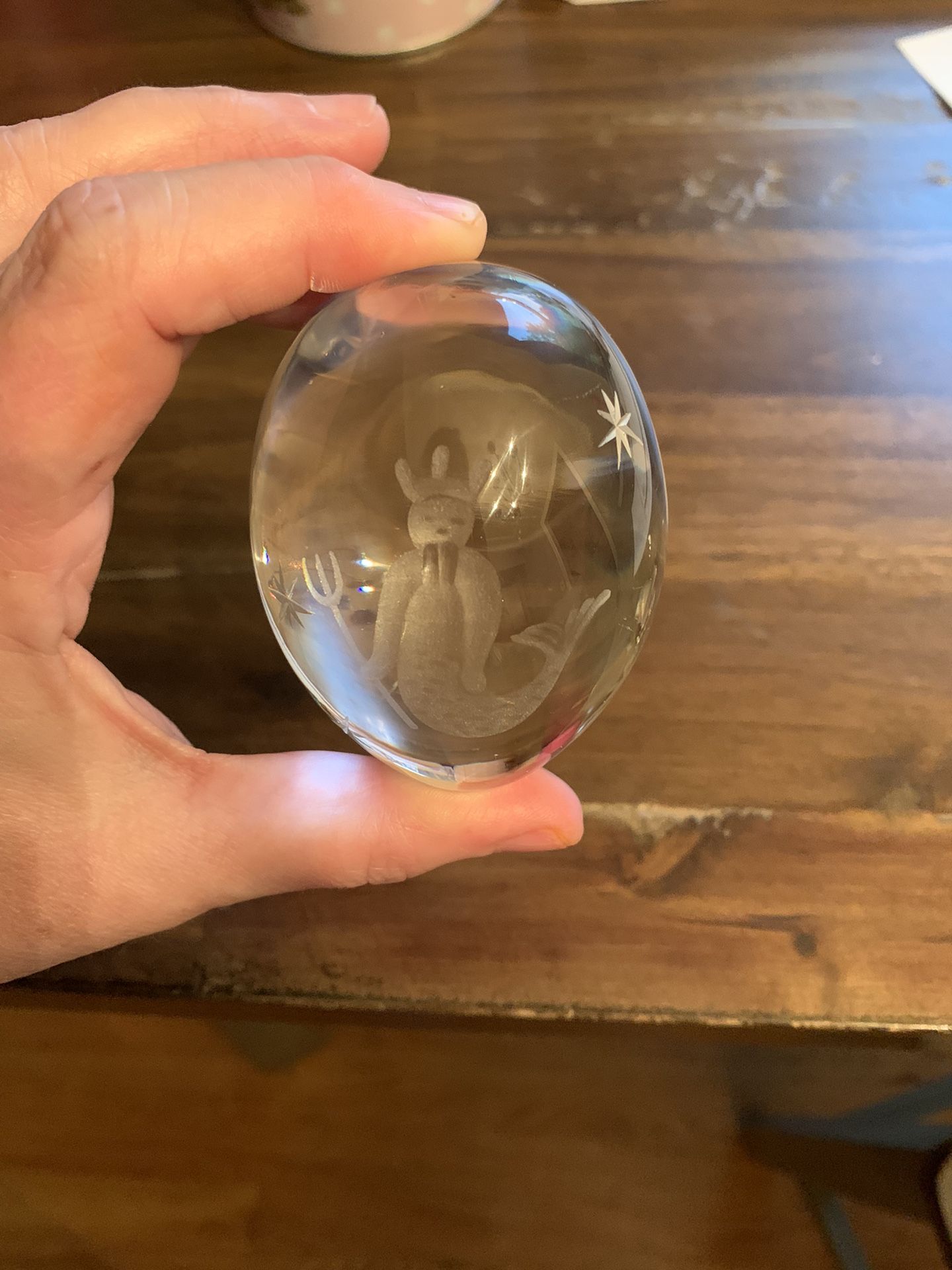 Vintage Ekenas of Sweden Neptune Crystal Egg Paperweight Etched Glass Mythology