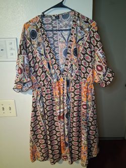1XL Boho Paisley Floral Print V-Neck Dress