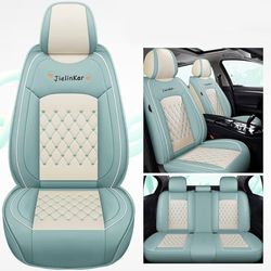 JielinKar Car Seat Covers Full Set Universal Auto Interior Accessories with Waterproof PU Leather for Cars SUV Pick-up Truck (Green-White)
