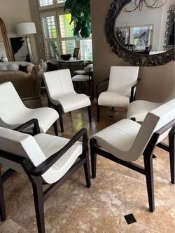 6 Gorgeous Holly Hunt Style Dining Chairs – Off-White Leather/Espresso Oak ($450/per chair)