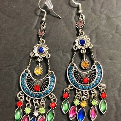 New Boho Rhinestone Moon Shape Long Tassel Dangling Crystal Fan Drop Earrings