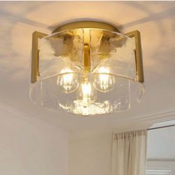 NEW Gold & Hammered Glass Semi Flush Mount Ceiling Light