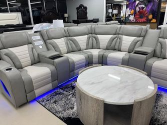 Luxurious Look 2 Tone Grey Power Reclining Sectional w/headrest & surround sound