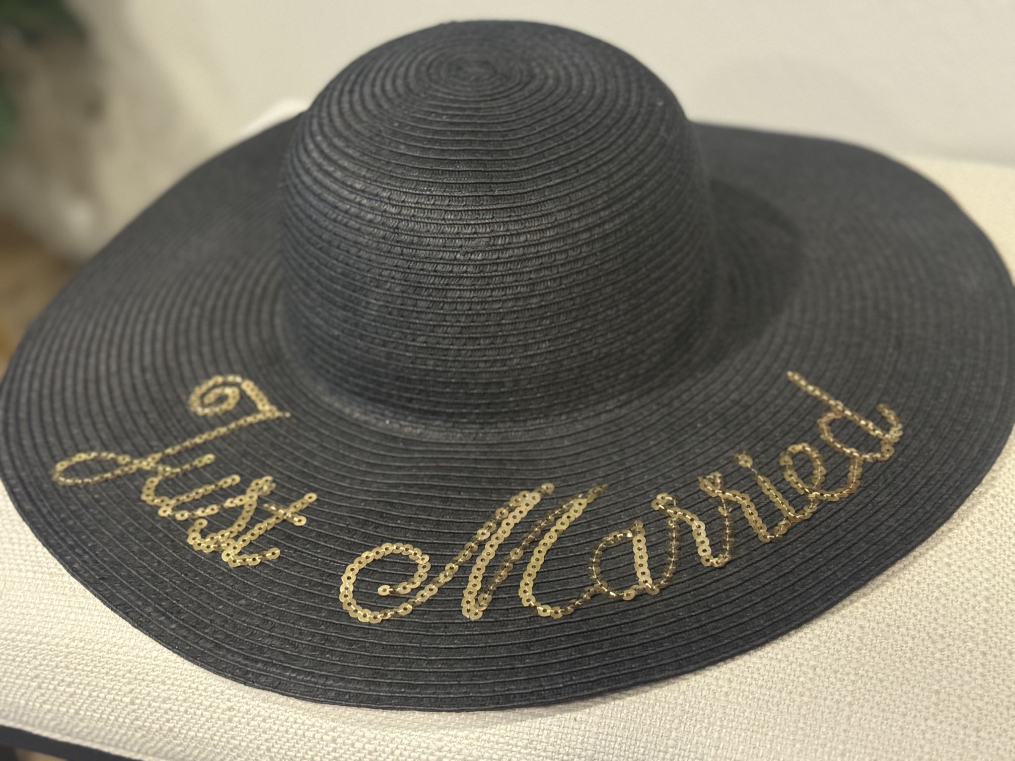 Black Wide Brim Hat With Gold Sequins “Just Married”