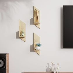 Natural wood geometric floating wall mount shelves - 2 sets of 3
