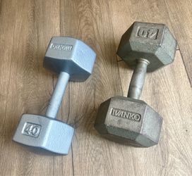 VINTAGE IVANKO Set of Cast Iron Hex Dumbbells of 40 pounds each.  Total: 80lbs