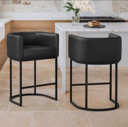 Set of 2Counter Height Bar StoolsModern Barrel Counter Stools with Backrest and Arms, Black Metal Frames, Faux Leather Upholstered Accent Barstools fo