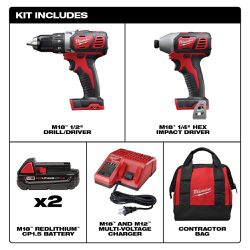 Milwaukee M18 Li-Ion Compact Cordless Power Tool Set, 1/2in. Drill/Driver & 1/4in. Hex Impact Driver, 2 Batteries, Model# 2691-22