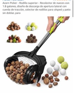 Acorn Picker - Rodillo superior - Recolector de nueces con 1.8 galones, diseño de descarga de apertura lateral con cuerda de tracción, colector de rod
