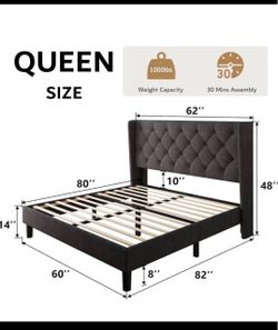 Queen Size Platform bed frame. Button Tufted headboard upholstered. Dark grey
