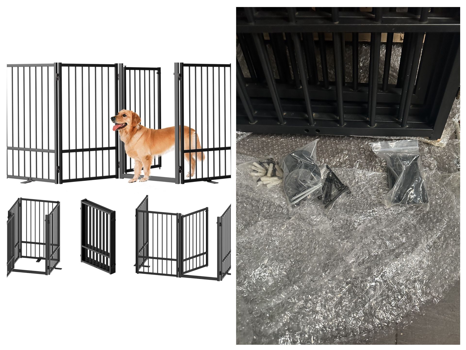 Full Metal Freestanding Dog Gate with Door, 24'' Height Foldable Pet Dog Fence for Indoor & Outdoor, 6 Panels Extra Wide Free Standing Small Dog Gates