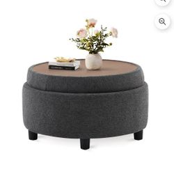 Round Ottoman with Storage and
Reversible Tray, Upholstered Fabric Footrest Coffee Table for Living