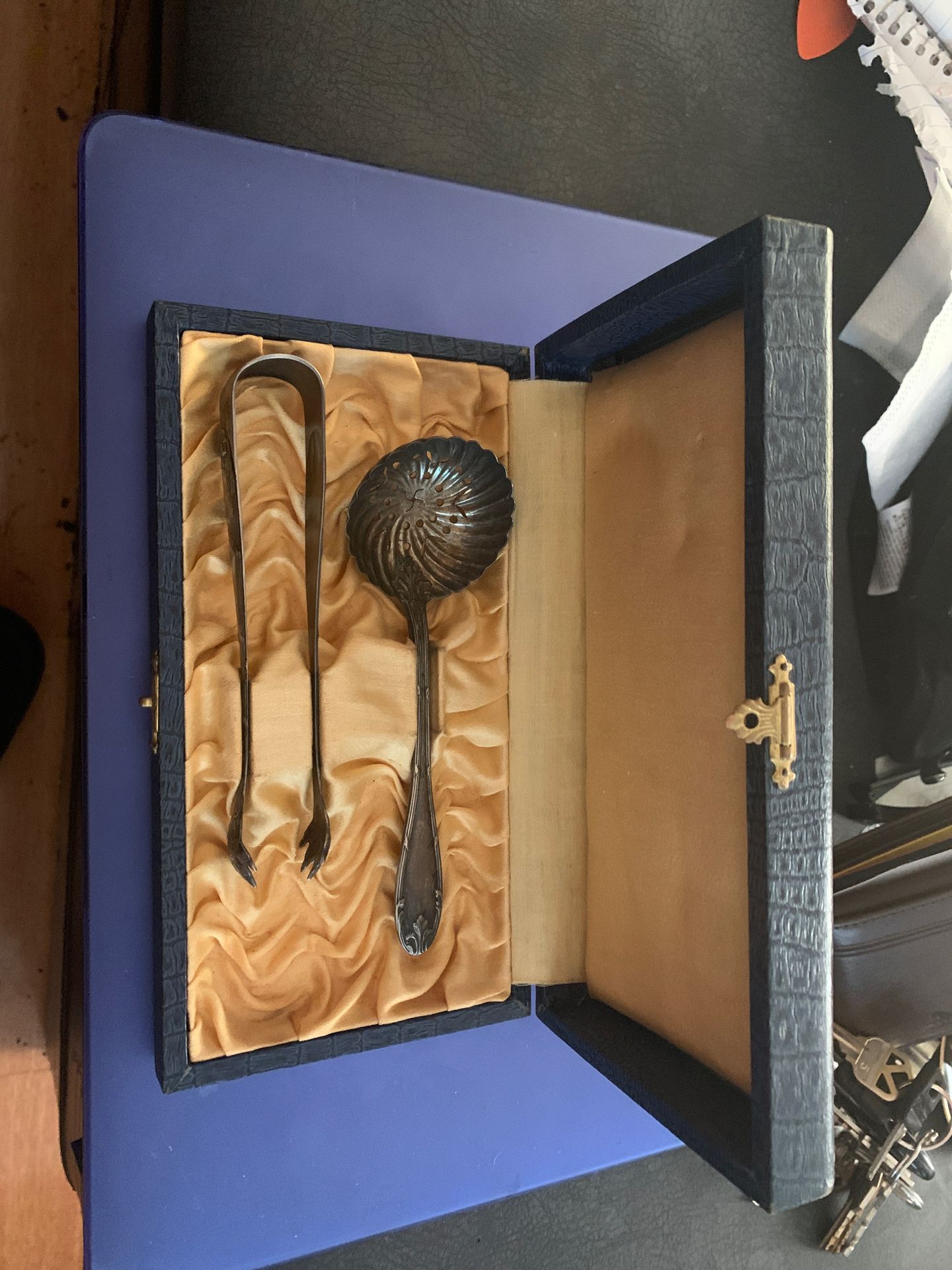 Antique French Sterling Silver Dessert Tea Set Sugar Tongs & Sifter Spoon in Box