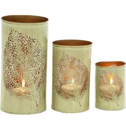 Woodland Imports Leaf Patterned Metal Candle Holder, Set of 3 #2115