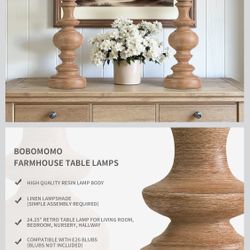 24" Farmhouse Table Lamps Set of 2 – Rustic Light Brown Resin Bedside Lamps with Linen Shades, Medium Size Nightstand Lamps for Bedroom, Living Room, 