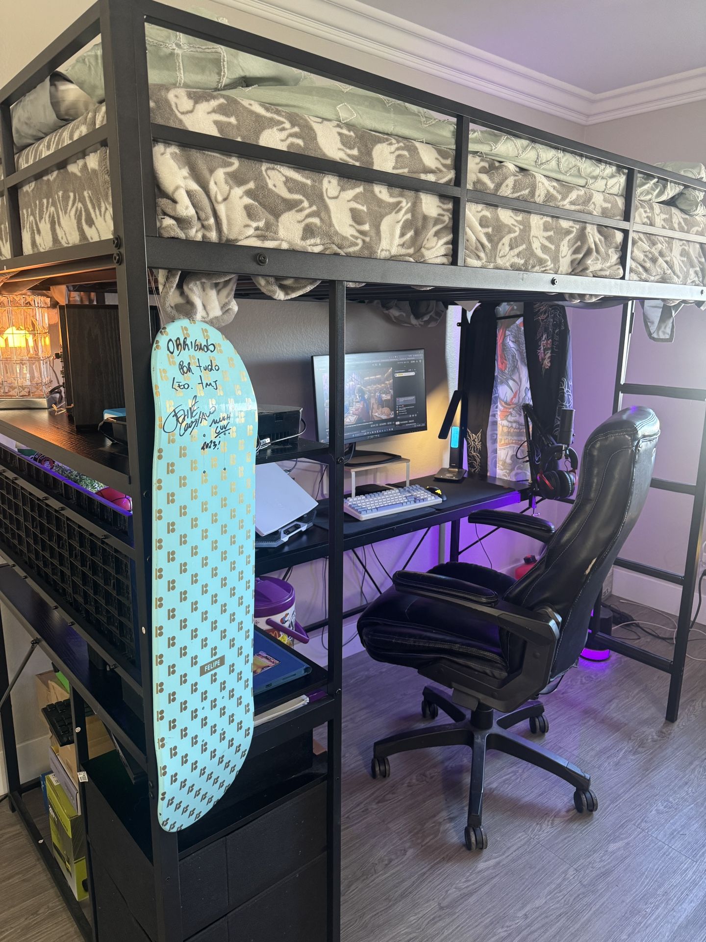 Loft Bed Twin Size with L-Shaped Desk & Pegboard & LED Lights, Metal Twin Loft Bed Frame with Charging Station, 2 Storage Drawers and Shelf, Black.   