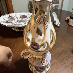 Hand-Painted Spanish Majolica Ceramic Lamp / Incense Burner – Two-Piece