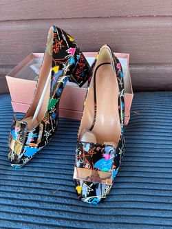 Women's Low Block Heels Pumps Square Toe Chunky Heels Slip On 2” Graffiti Size 9