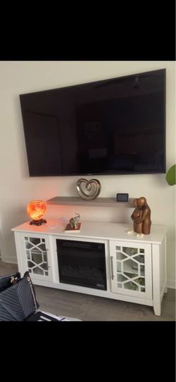 White TV Stand with Mirror Panel Doors & E-fireplace