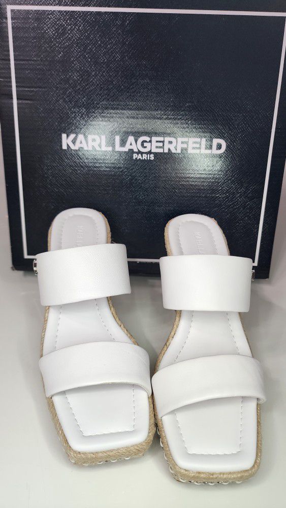 Karl Lagerfeld “CAMBIA” White Leather Square Toe Wedge Espadrille Sandals