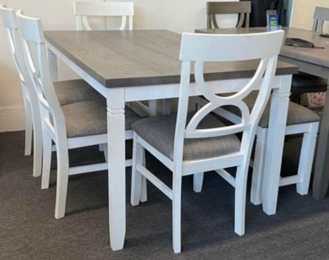 ✅️6 pcs White and grey finish dining table set padded seat chairs and bench.
