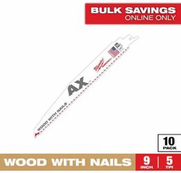 Milwaukee 9 in. 5 TPI AX Nail-Embedded Wood Cutting SAWZALL Reciprocating Saw Blades (10-Pack)