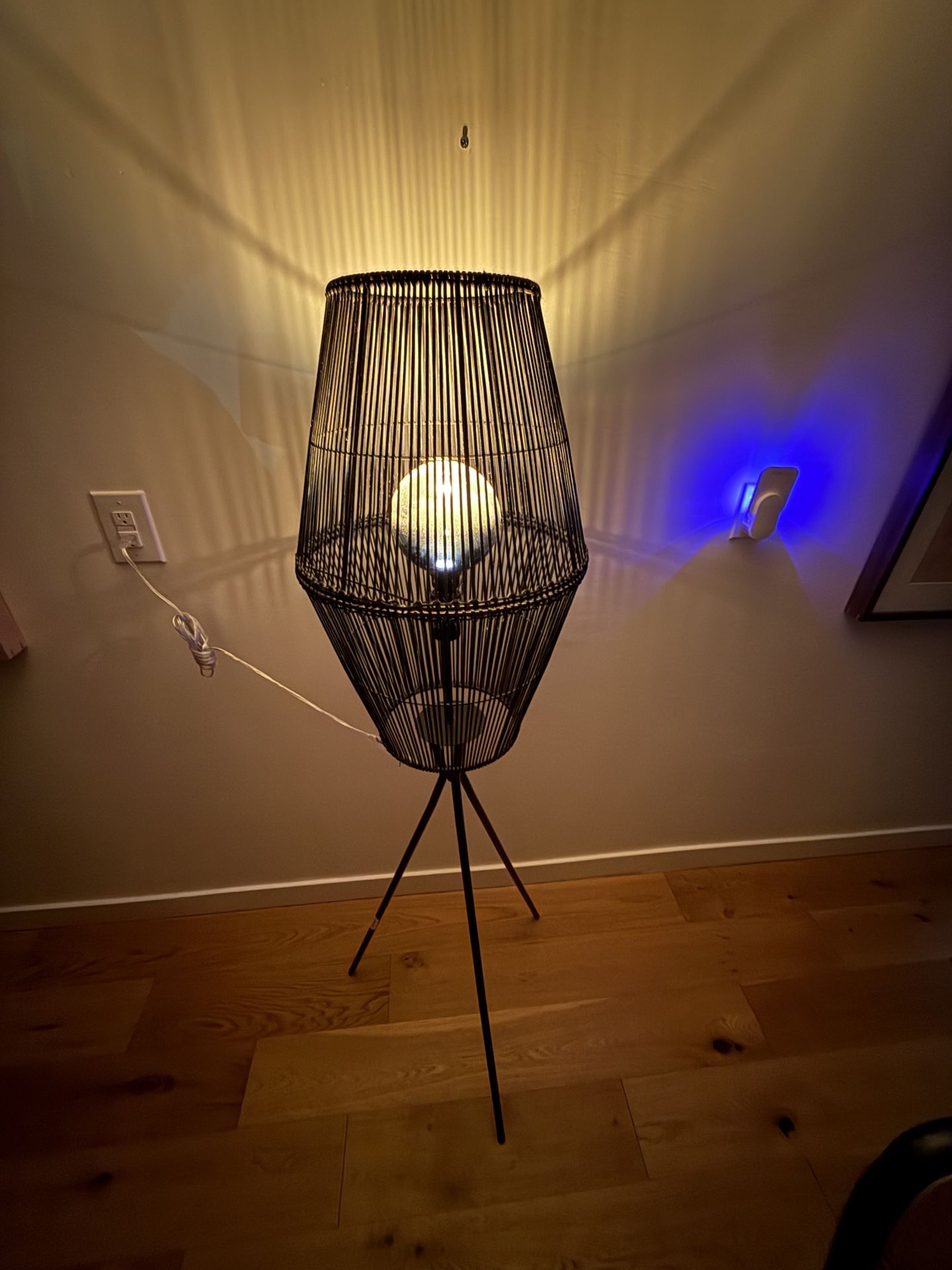 Diamond Tripod Floor Lamp Black with Rattan Shade