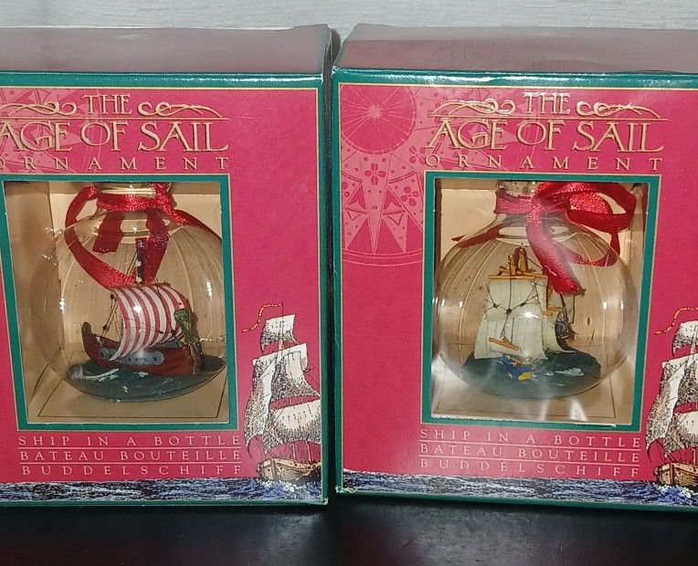 Set Of 2 Authentic Models The Age Of Sail Ornament Ship In A Bottle Nautical NIB