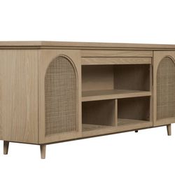 NEW World Market Landon White Oak and Rattan Cane Media Stand retails for 1600